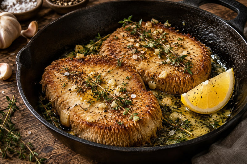 Lion's mane steaks in a cast iron pan with garlic, thyme butter and lemon