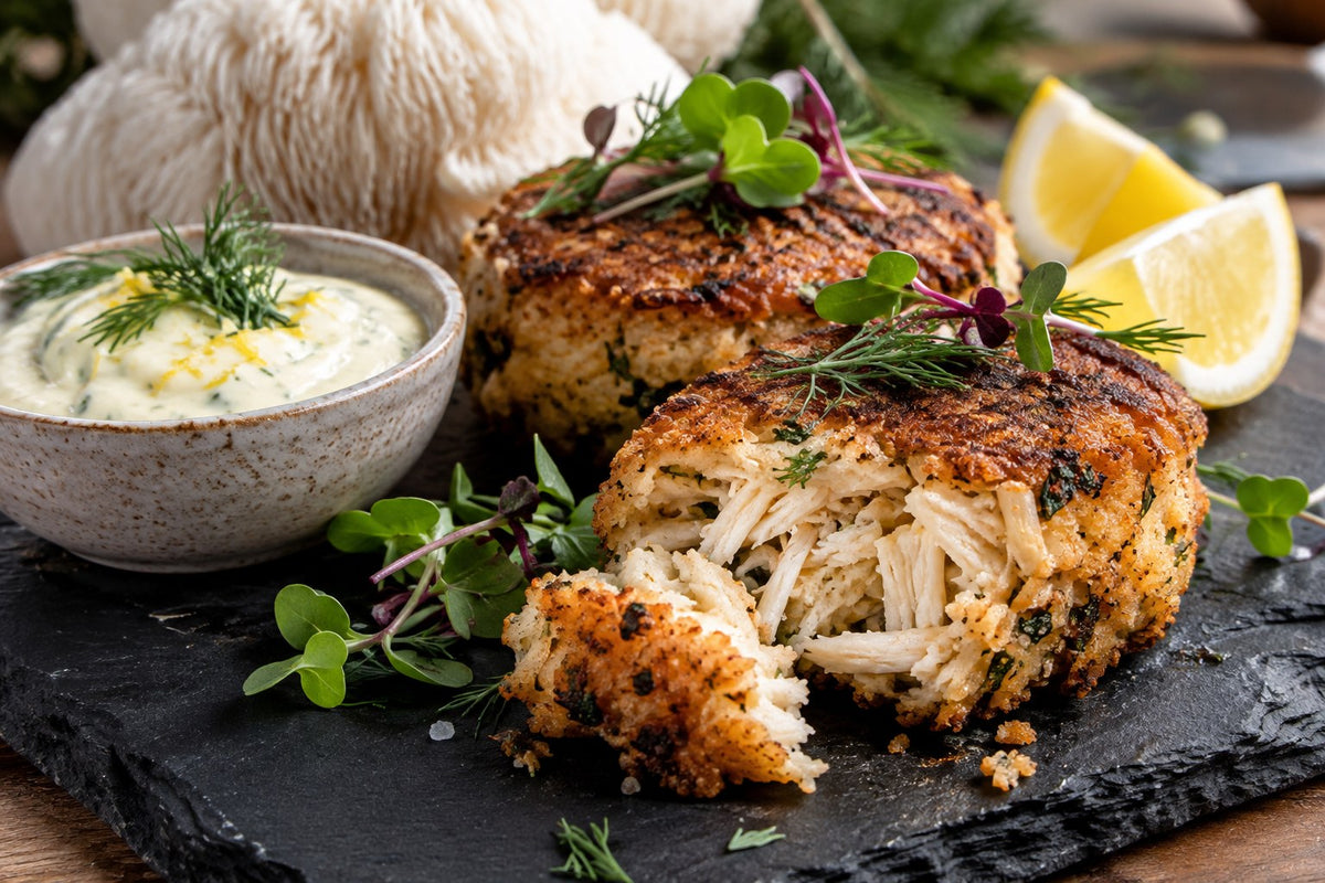 Lion's mane 'crab' cakes with remoulade and lemon