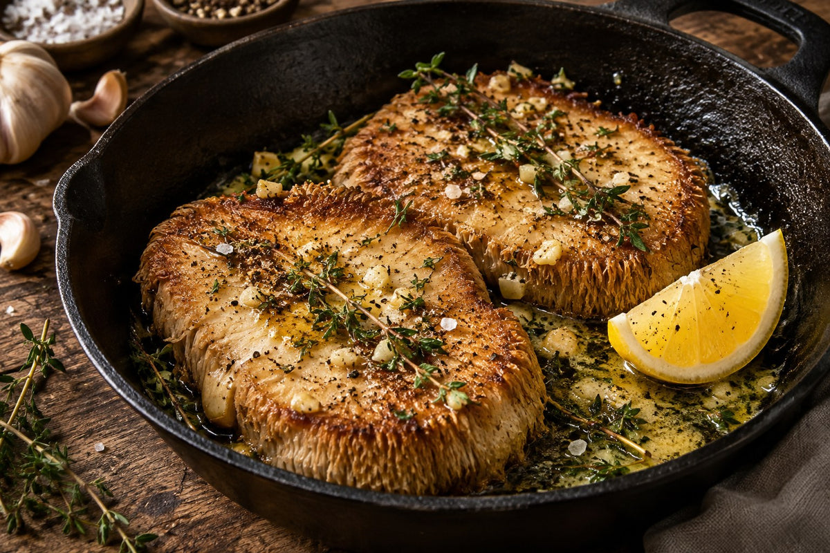 Lion's mane steaks in a cast iron pan with garlic, thyme butter and lemon
