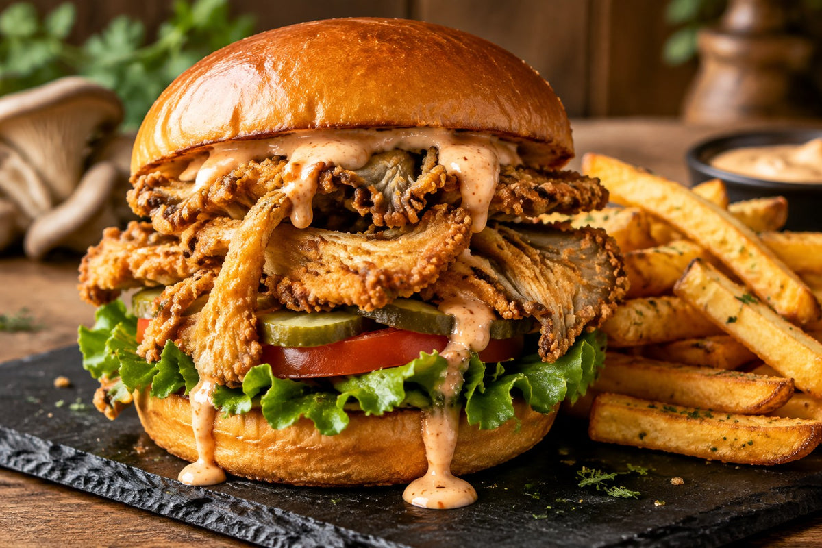 Crispy fried oyster mushroom burger with pickles, tomato and chips