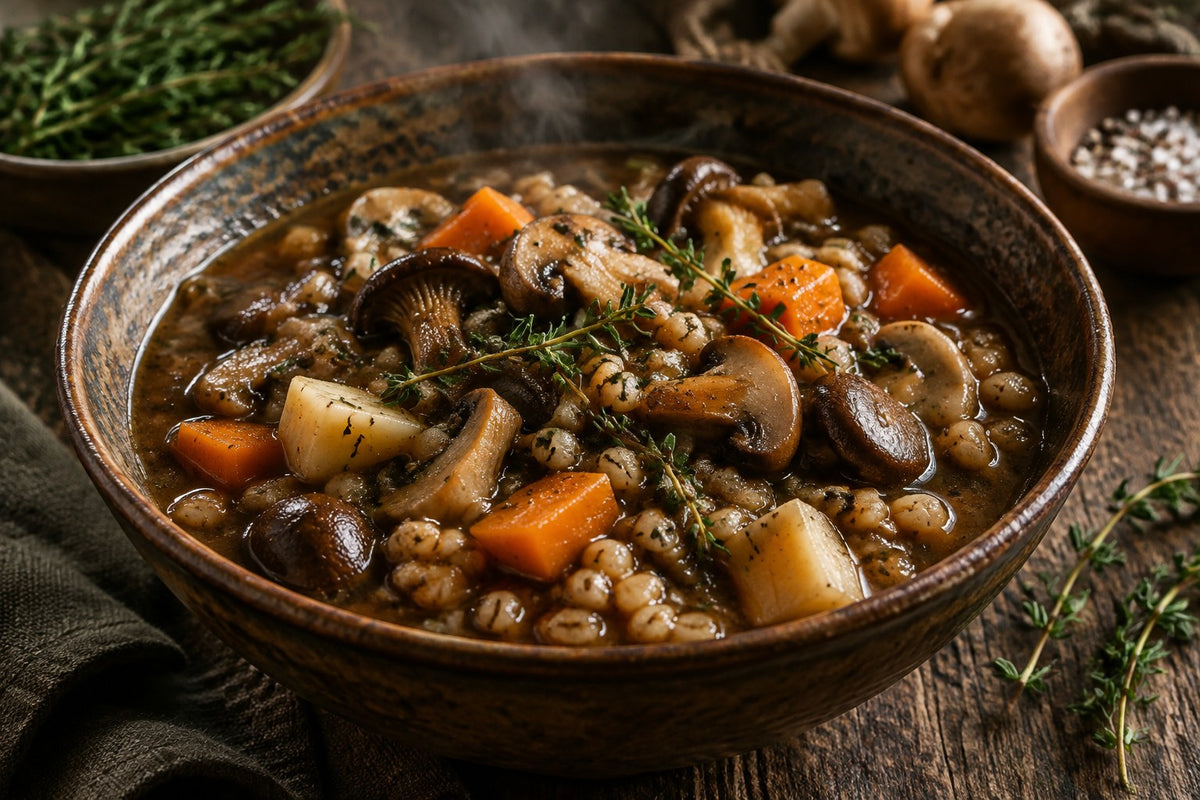 Slow mushroom and pearl barley stew with carrot and thyme