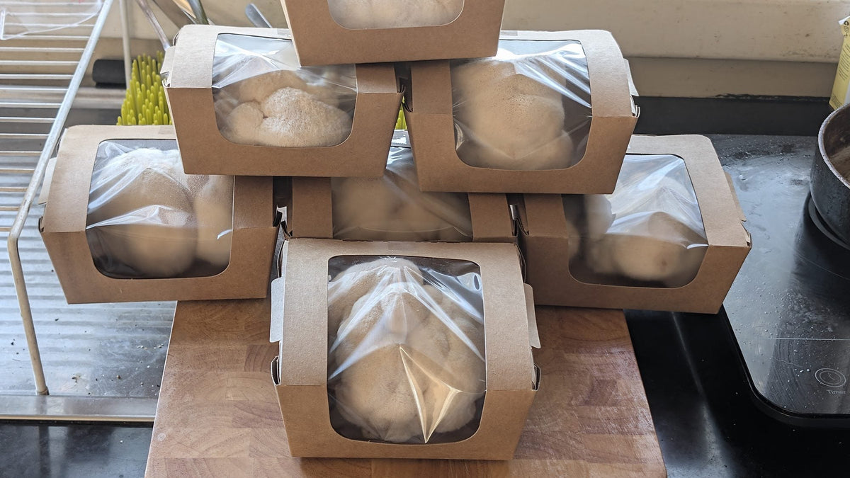 Stacked punnets of fresh lion's mane