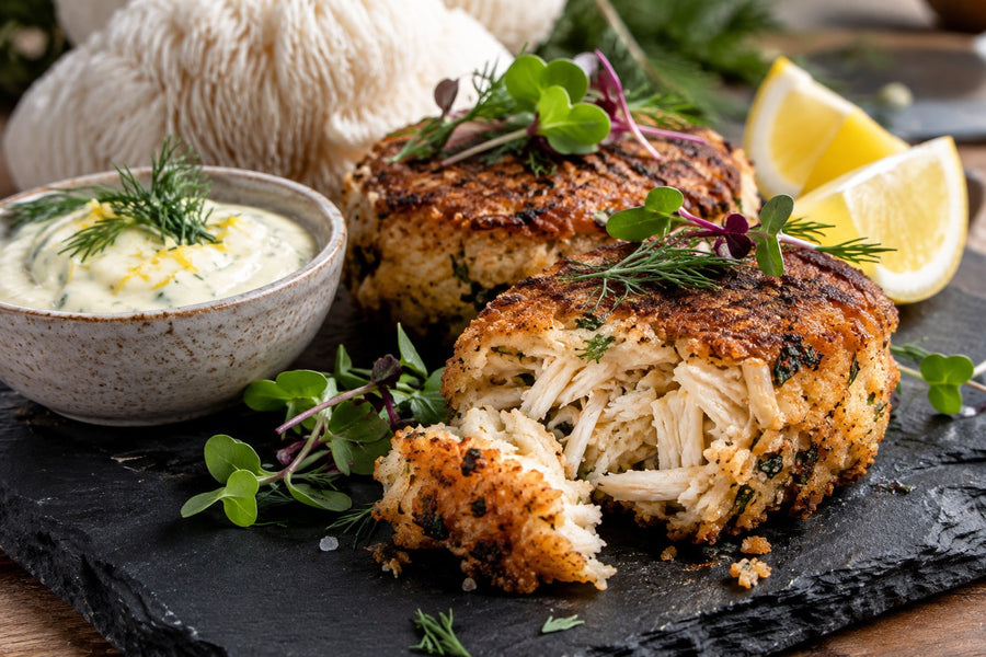 Lion's mane 'crab' cakes with remoulade and lemon