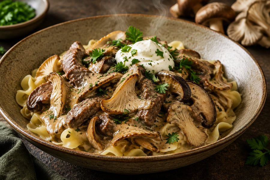 Beef and mushroom stroganoff with oyster and shiitake mushrooms over egg noodles