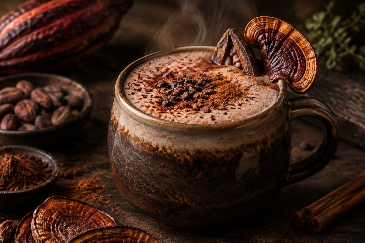 Reishi and cacao hot chocolate dusted with cocoa and cinnamon