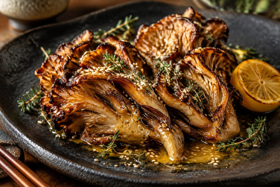 Roast maitake with miso butter, thyme and sesame