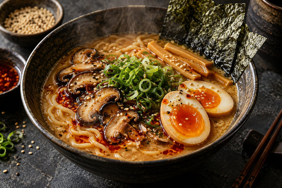 Shiitake and miso ramen with soft egg, spring onion and nori